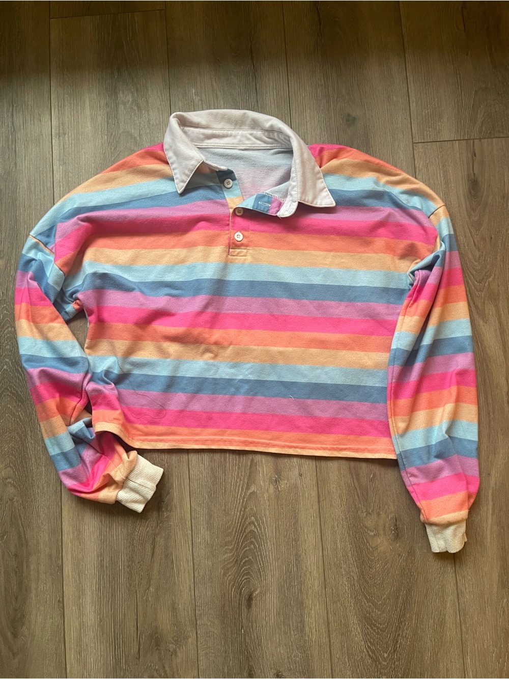 🔥3/$15 Cropped Rainbow Stripe Pride Polo Long Sleeve Cropped Top